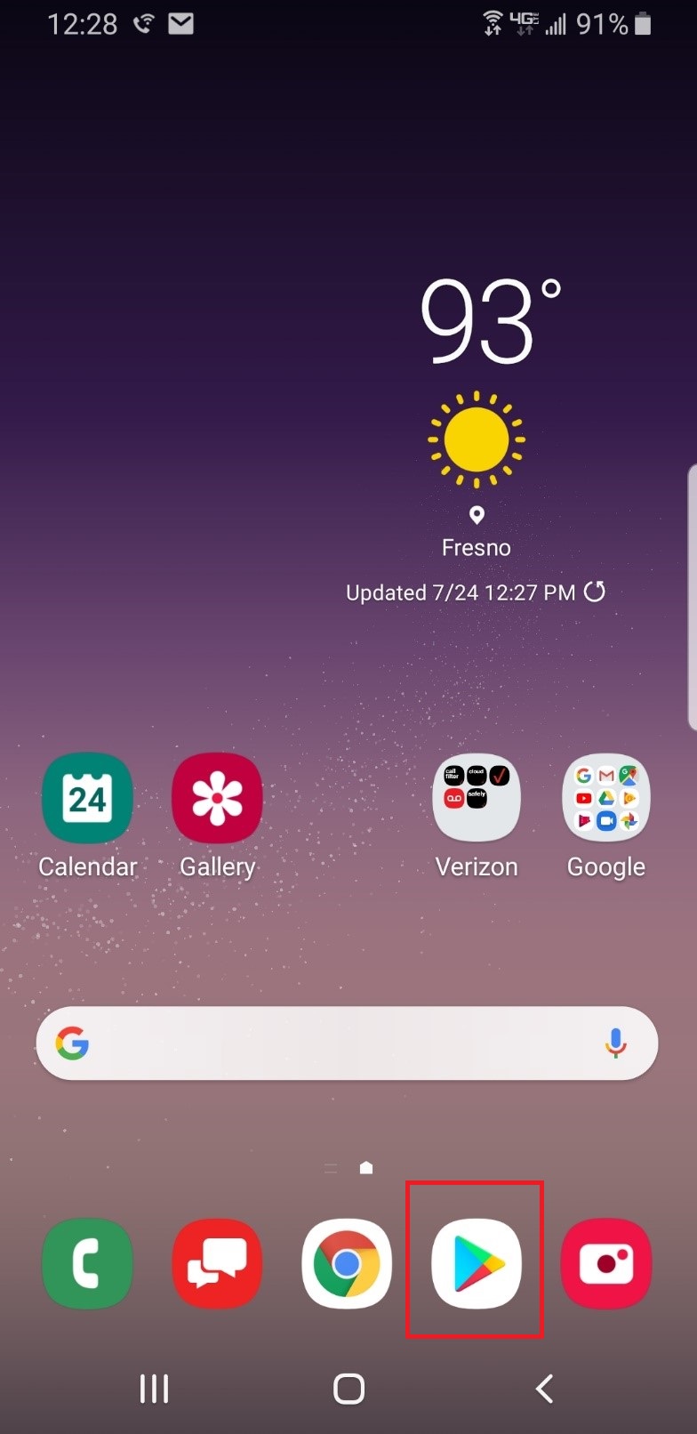 location of Google Play button on the Adroid Home screen.