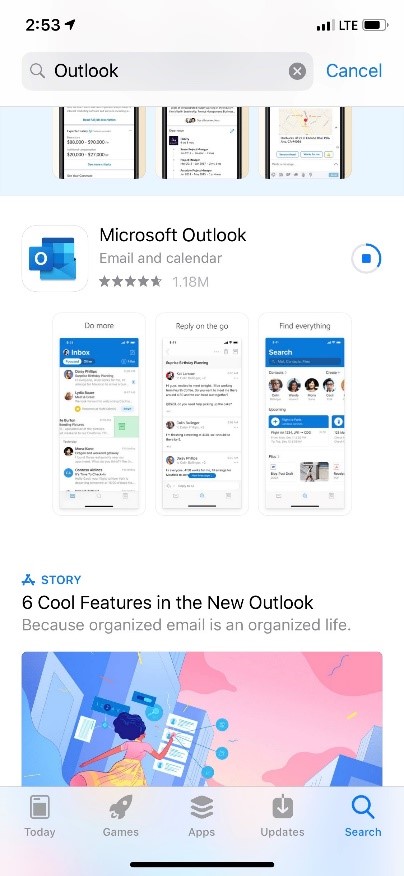 iPhone App Store search results with Outlook as search term.
