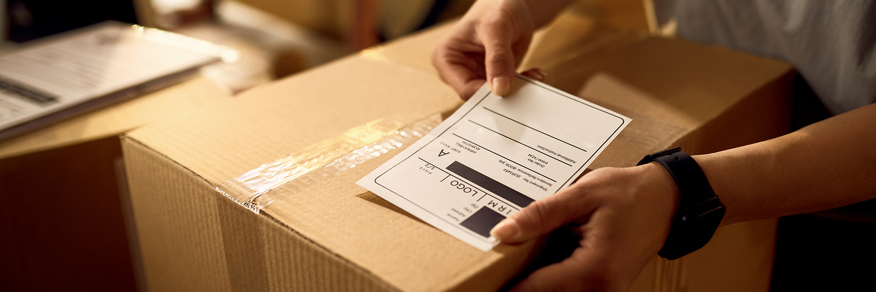 shipping label being placed on box