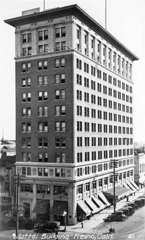 black and white photo of the historic Mattei Building in downtown Fresno