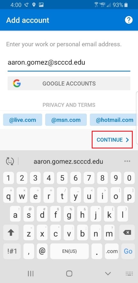location of the Continue button on the Outlook add account sceen.