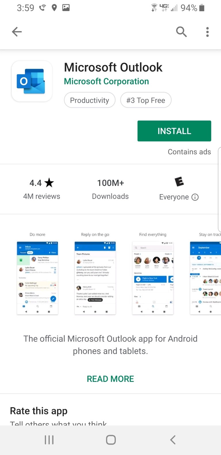 Outlook install screen in the Google Play store.