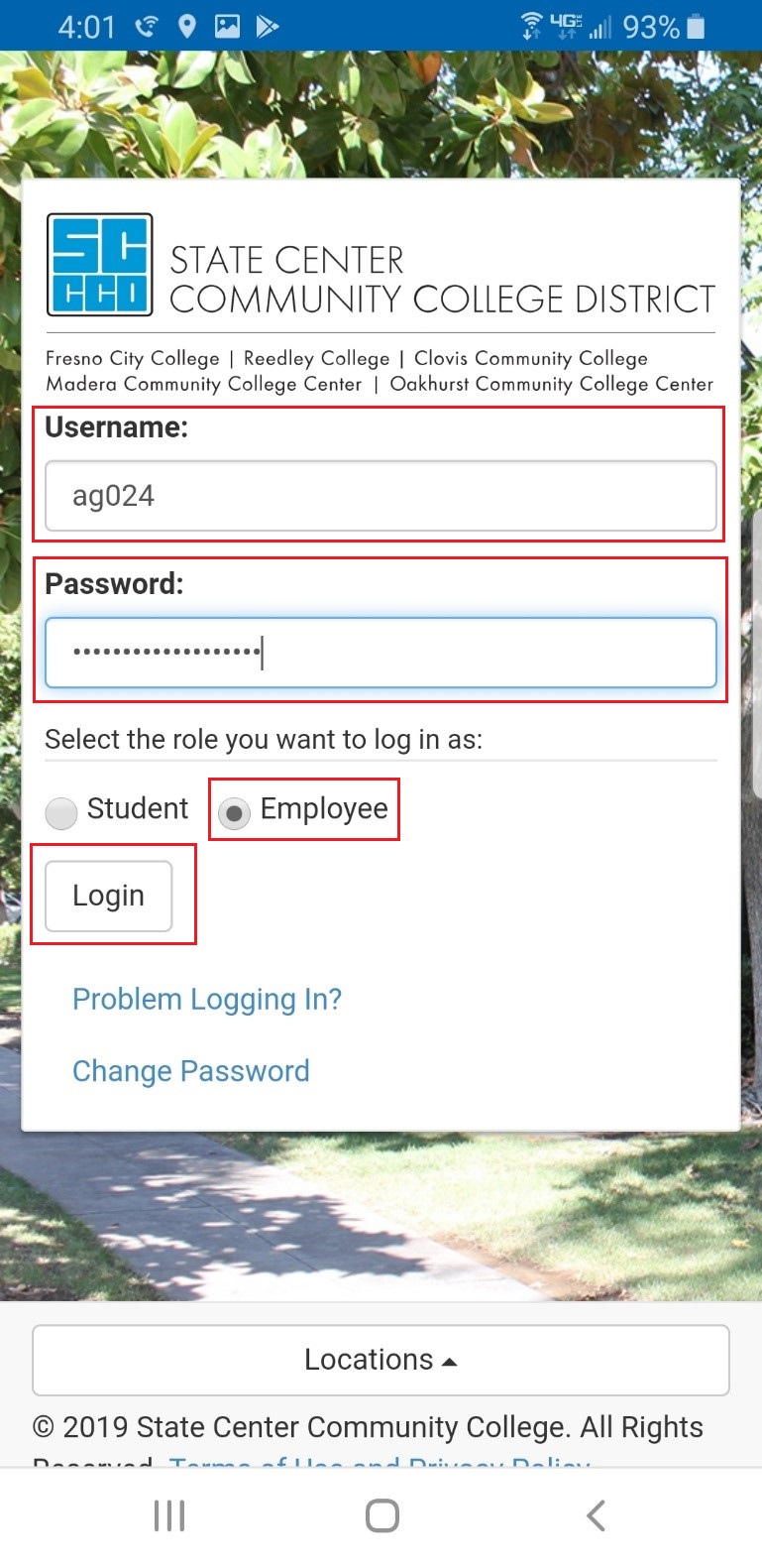 location of fill in fields and buttons on the District login page.
