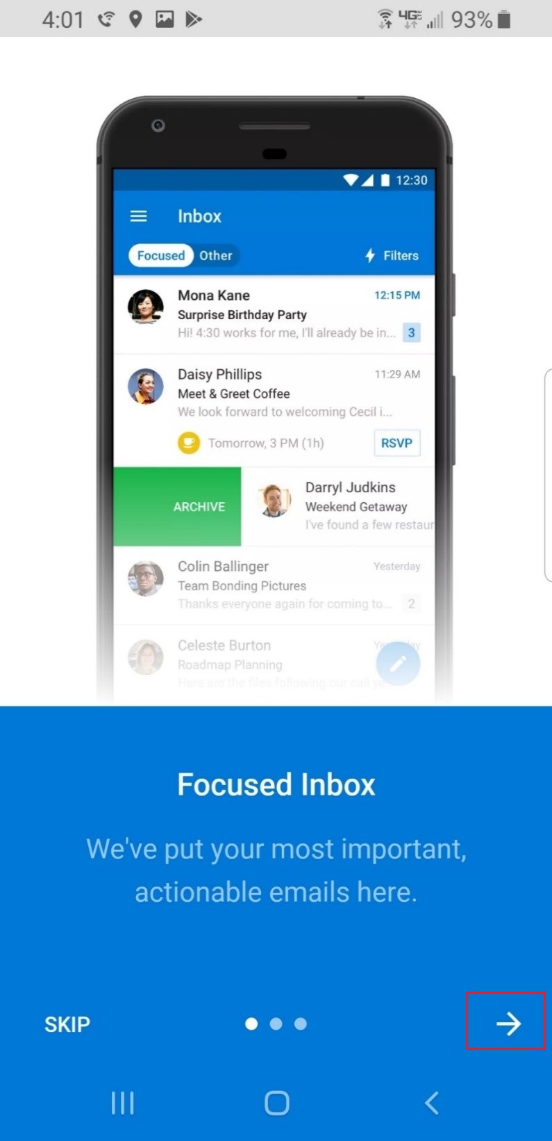 location of the arrow button on the Outlook inbox screen.