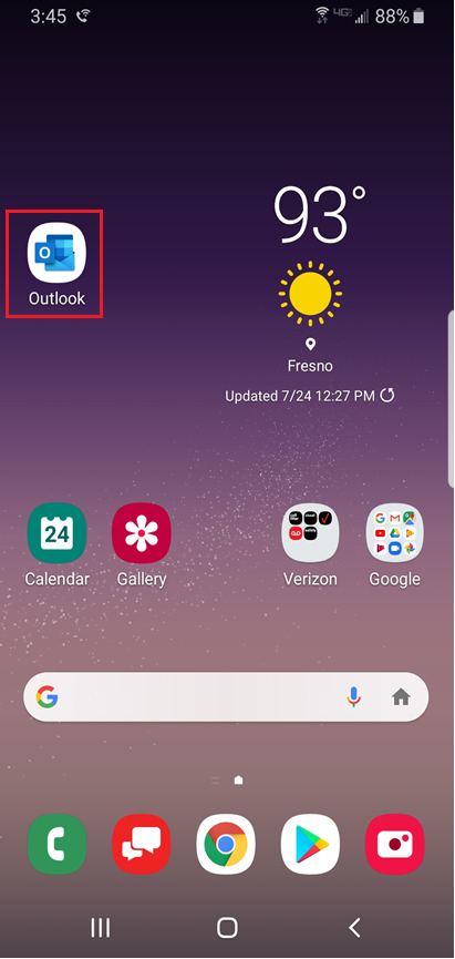 Android Outlook button on home screen.