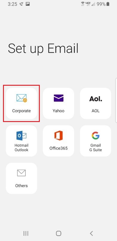 location of the Corporate email button on Set up Email screen.