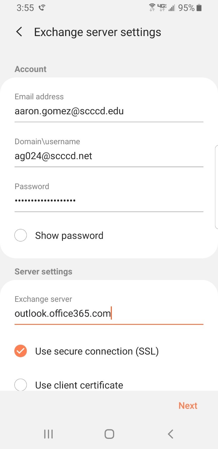 Exchange Server Settings Screen