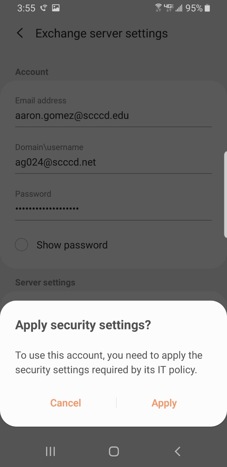 Apply security settings screen