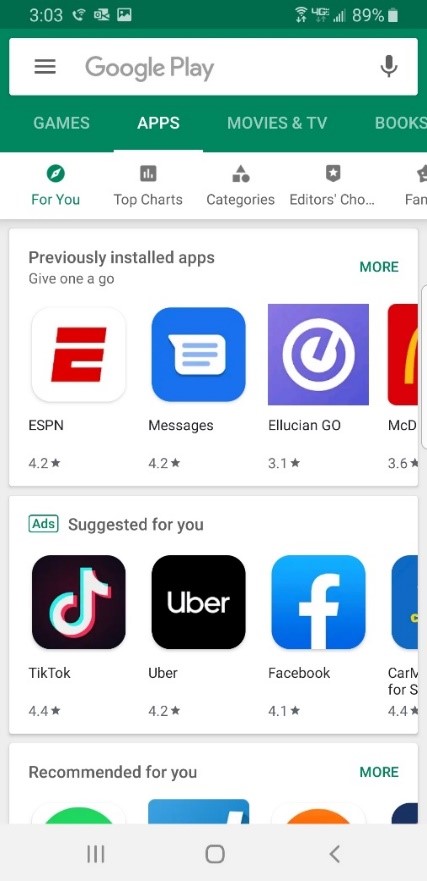 Google Play Store Home screen.