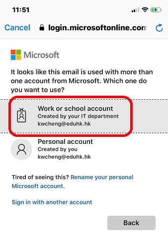 Work or school account option on Microsoft sign in screen.