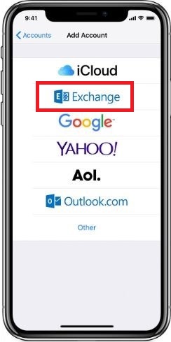 location of Exchange icon on Add Account screen of iPhone.