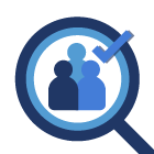 Icon of three peoples silhouettes inside a magnifying glass with a checkmark, symbolizing census certification
