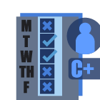 Icon showing a weekly schedule with checkmarks and "X" symbols next to weekdays, alongside a student profile symbol and a 'C+' grade, representing grading based on regular and positive attendance
