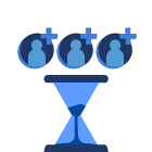 Icon of an hourglass below three student profiles with plus signs, representing waitlist management